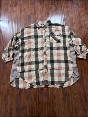 Easel Oversized Patchwork Brown Plaid Button Up Shirt size large